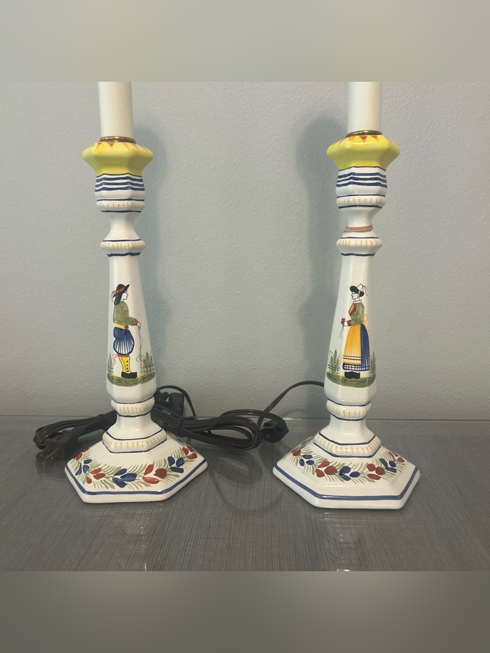Vintage Henriot Quimper Candlestick Lamps (Pair)